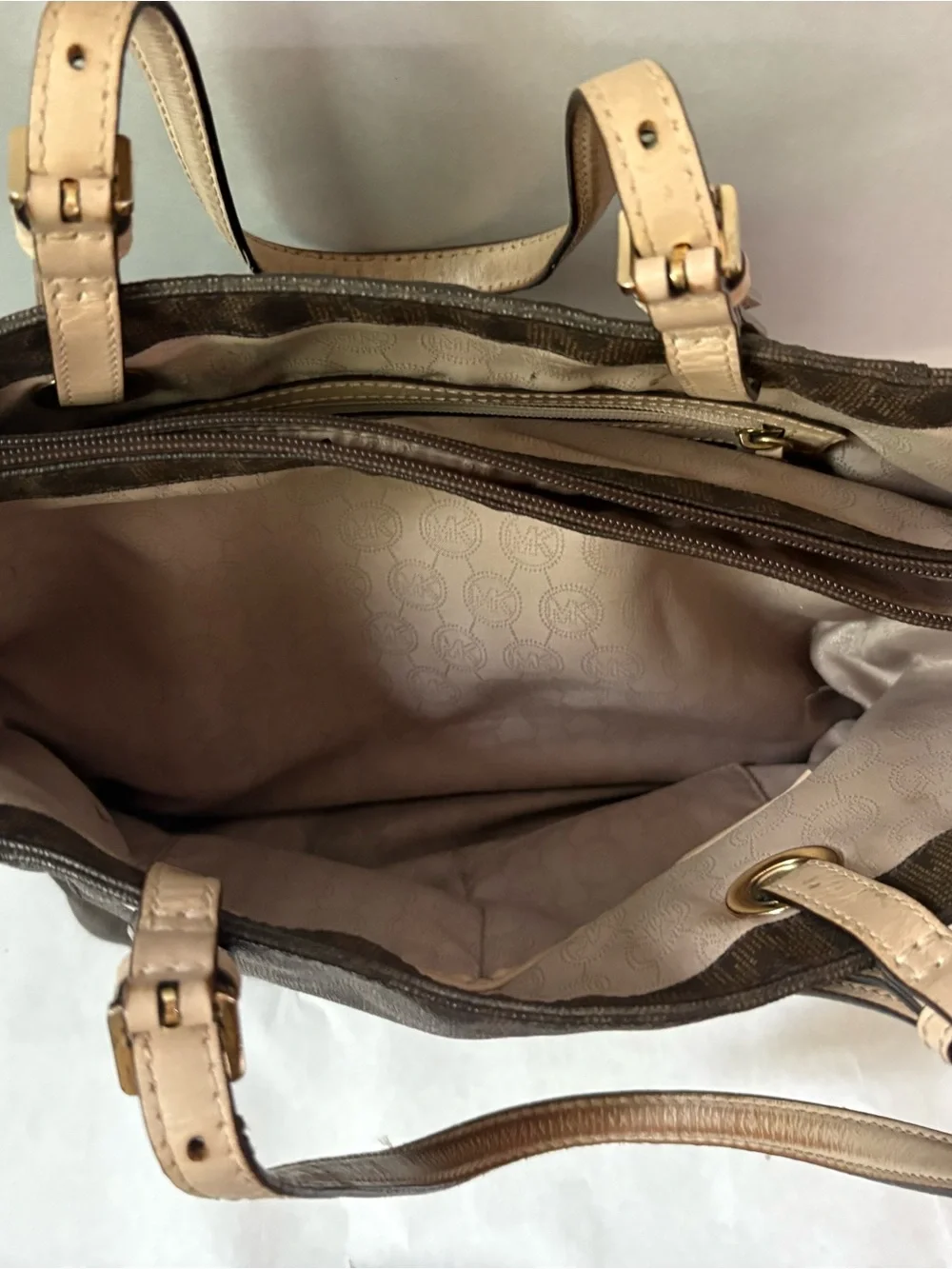 Michael Kors Brown MK Logo Tote with Cream Leather Straps